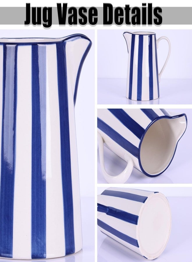 oliruim Ceramic Blue and White Pitcher Vase with Handle, Hand Painted Farmhouse Boho Pottery Jug for Decor Table Centerpiece, Kitchen, Home Desktop Decor Vase (Stripes) - Image 5